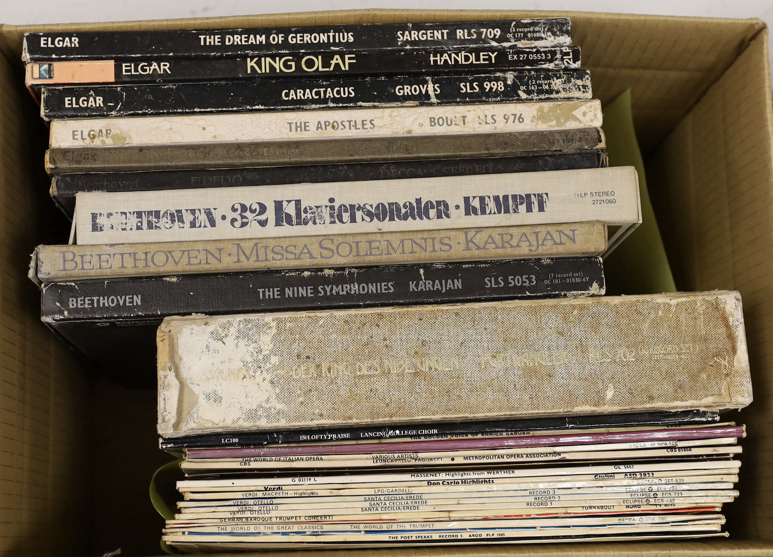 A collection of classical music and opera LPs, including thirty-eight box sets with a number of Wagner operas, recordings from Bayreuth, etc. other composers include Elgar, Bach, Bartok, Bruckner, Shostakovich, Delius, e